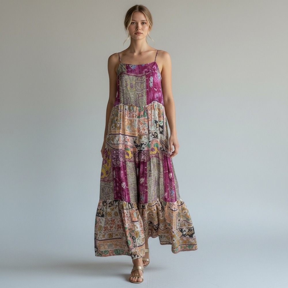 Jodifl Maxi Tiered Patchwork Print Cottagecore Fairy Maxi Dress S Pink Straps